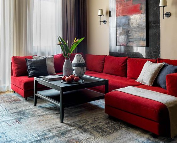 Black and White Pillows with red sofas
