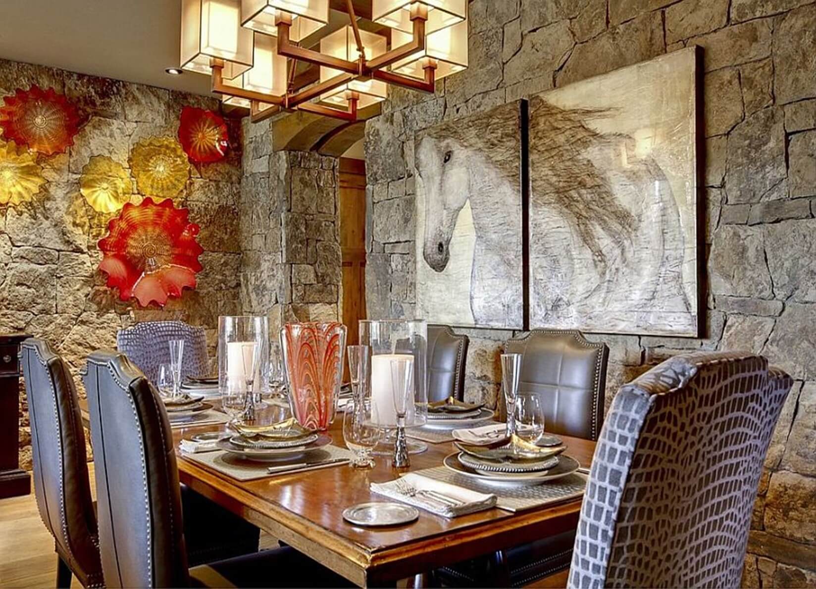 Dining Room with Stone Walls