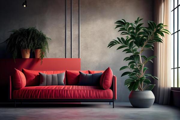 Long Plants with Red Sofa