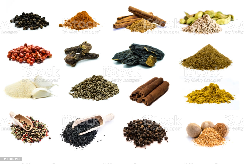 Different types spices in collage isolated on white background