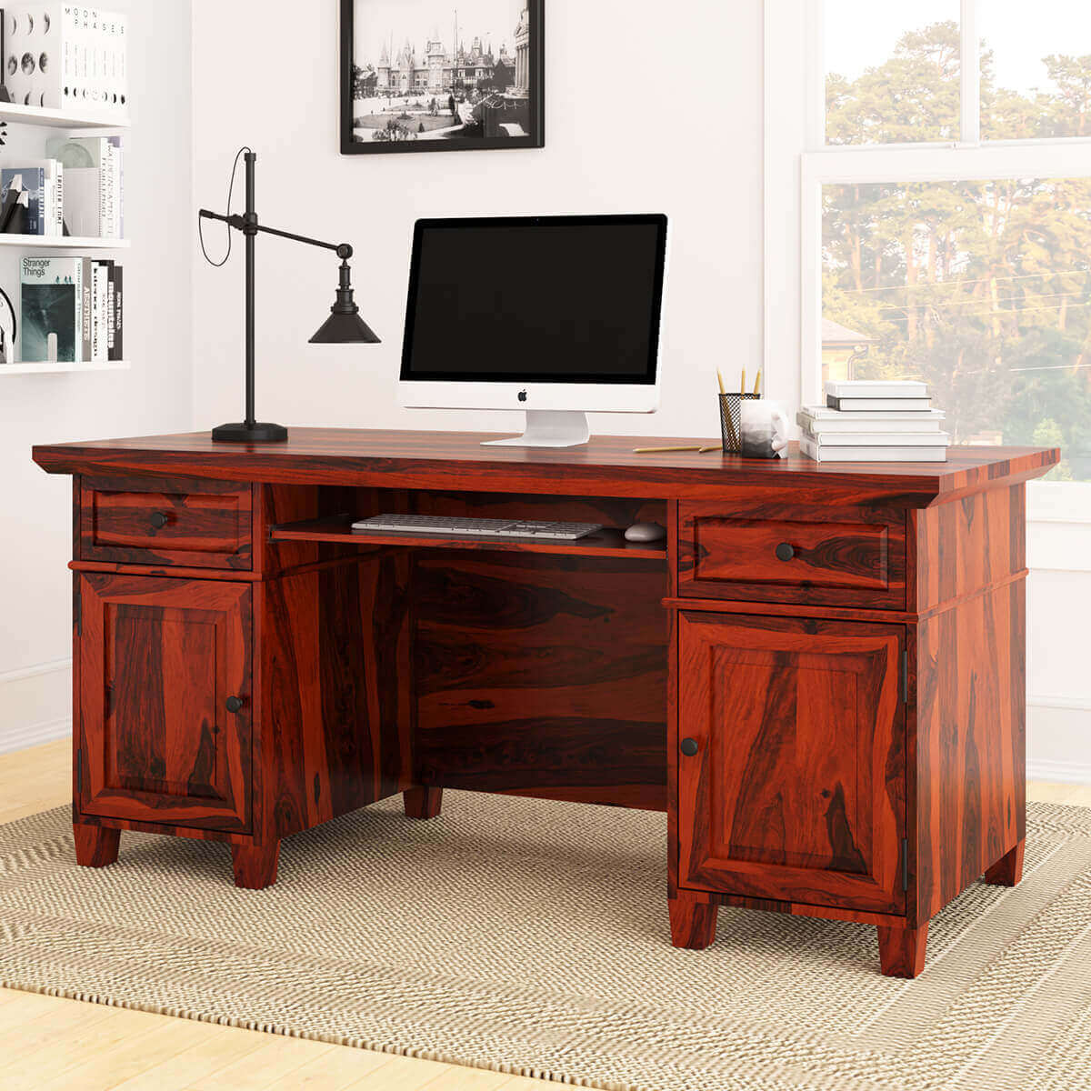 Bedias Solid Rosewood Office Computer Desk with Pull Out Keyboard Tray 