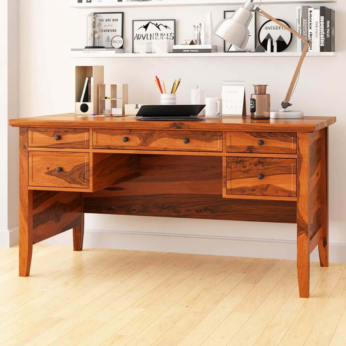Calypso Solid Wood 60 Inch Large Modern Writing Desk With 5 Drawers