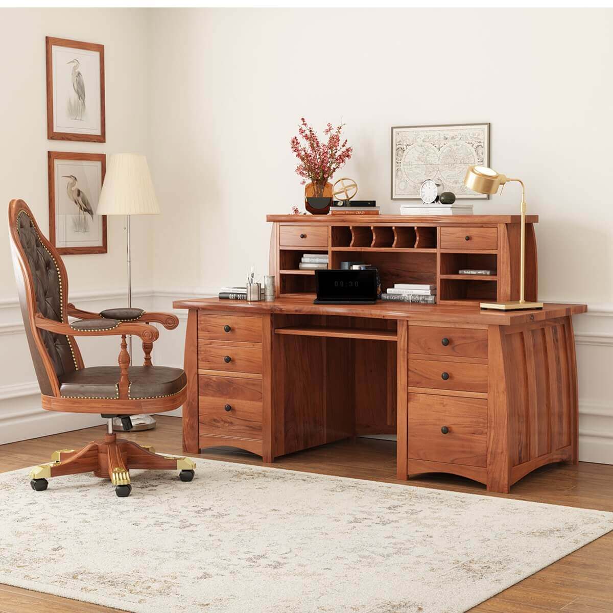 Helston Live Edge Top Solid Wood Home Office Executive Hutch Desk