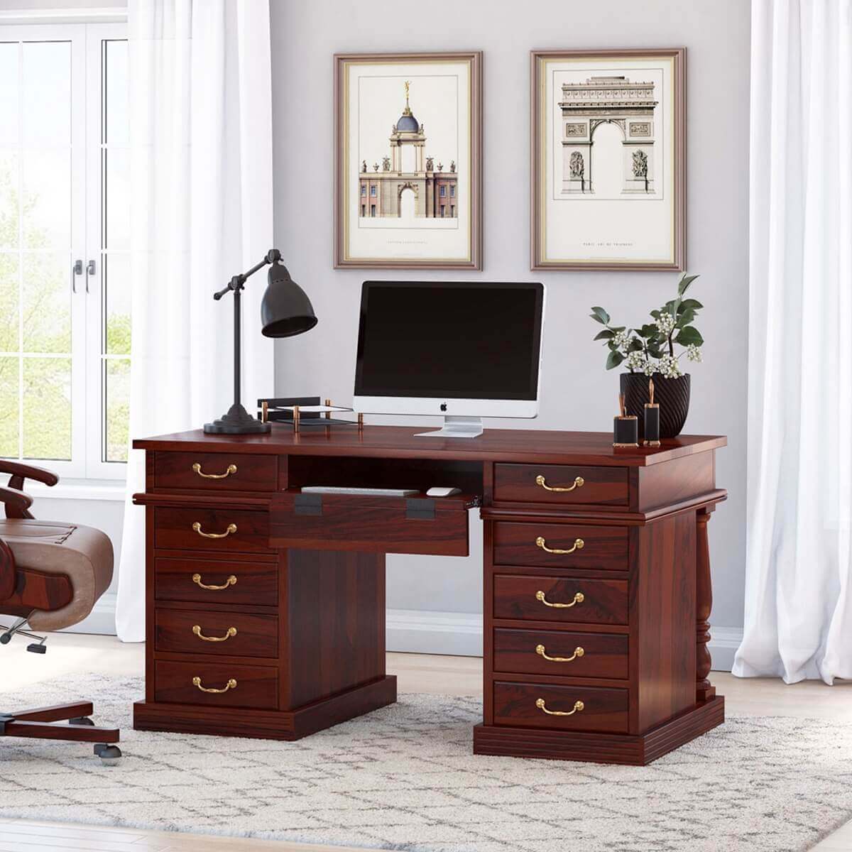 Transitional Solid Wood Home Office Executive Desk with Keyboard Tray