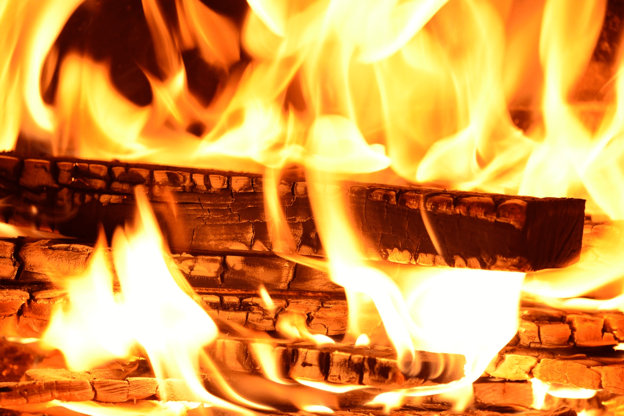 burning wood in a wood-fired pizza oven