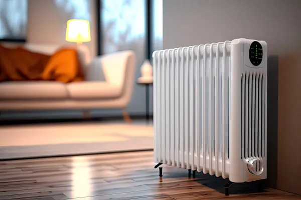 A white radiator placed on the floor in front of a couch. It is an oil-filled heater