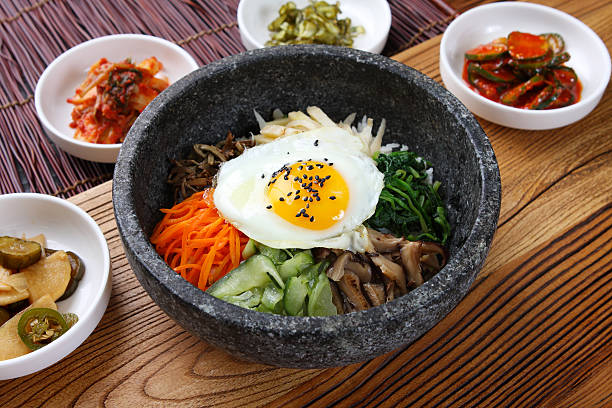 A bowl of Korean food topped with a fresh egg
