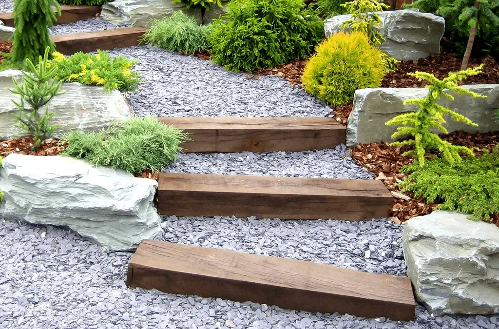 A serene garden with stone steps and rocks, providing a peaceful atmosphere. Calculate Volume