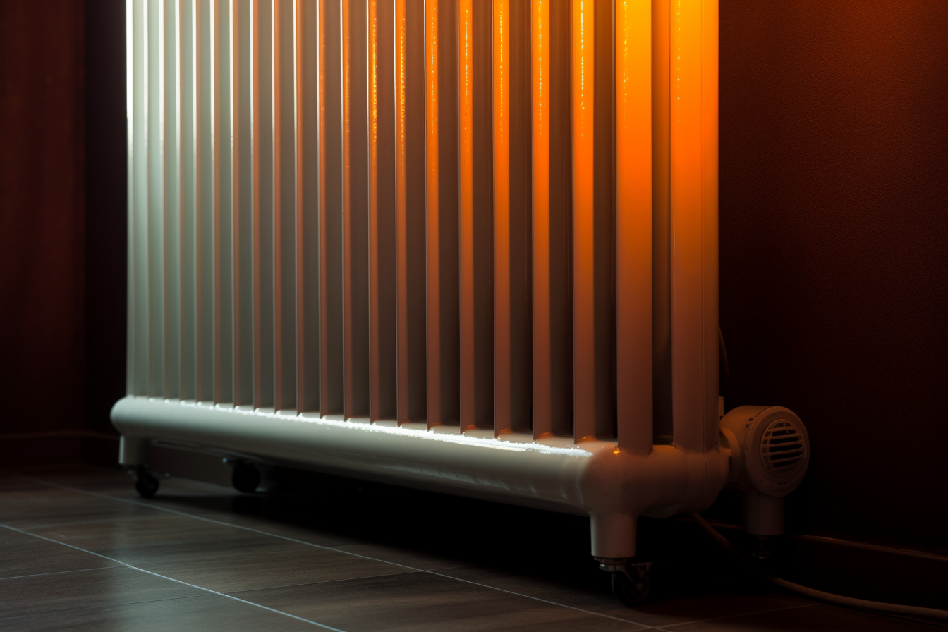  A brightly illuminated white radiator in a dimly lit room, providing warmth and comfort