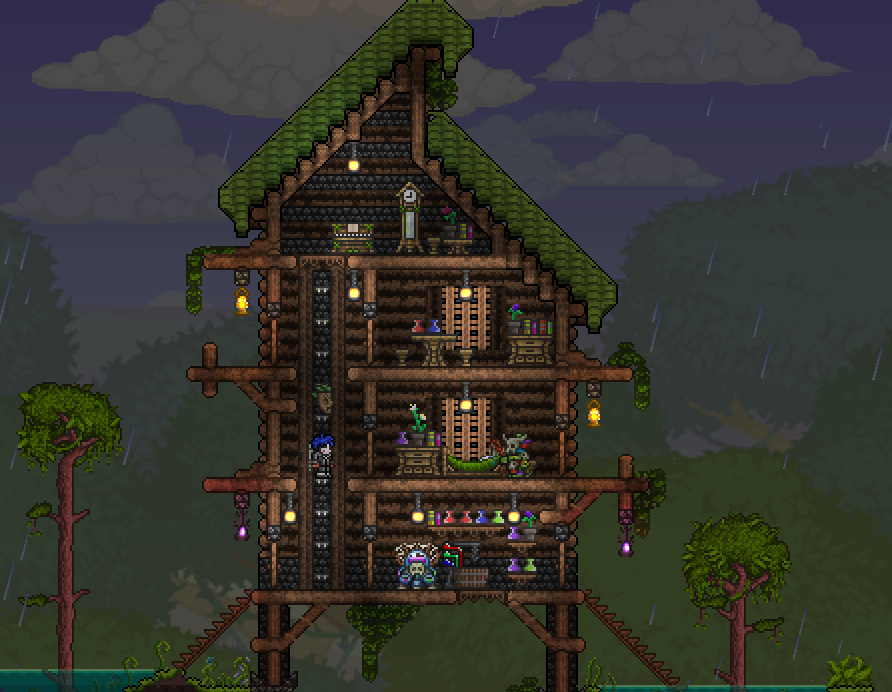 pixelated house surrounded by trees, resembling the style of Terraria. "Pixel house with trees in Terraria style."