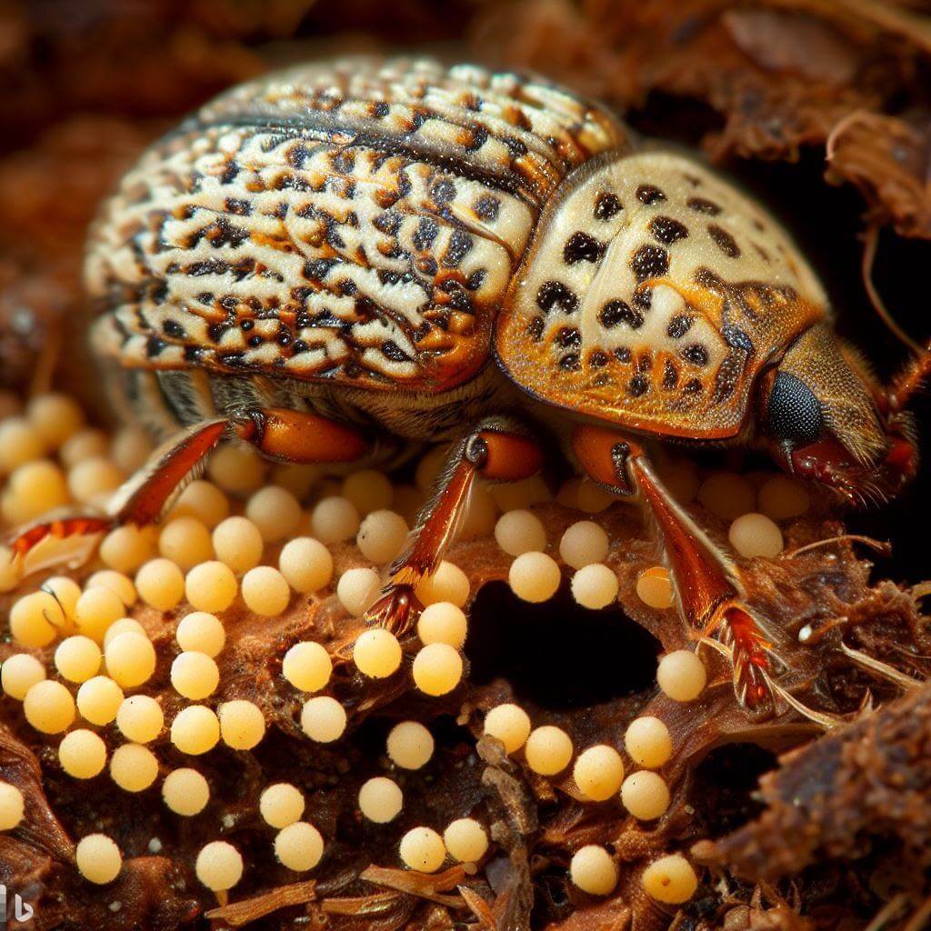 A beetle with white spots on its back sits on a pile of eggs