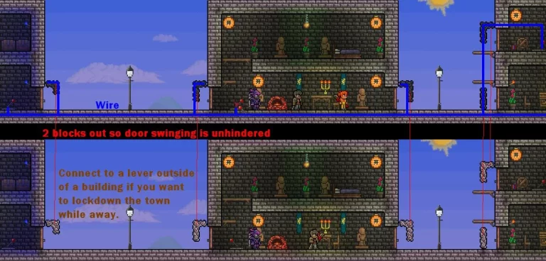 A player in Terraria placing a barricade at the entrance of their house to prevent enemies from entering