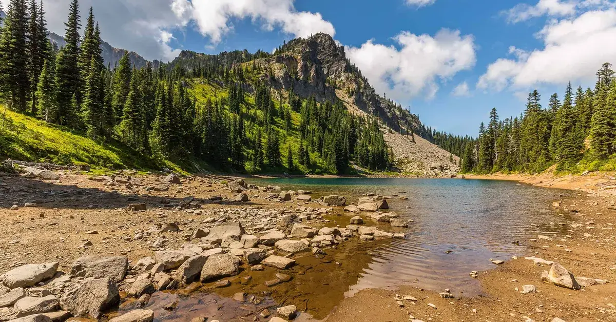 A serene mountain lake nestled amidst trees and rocks