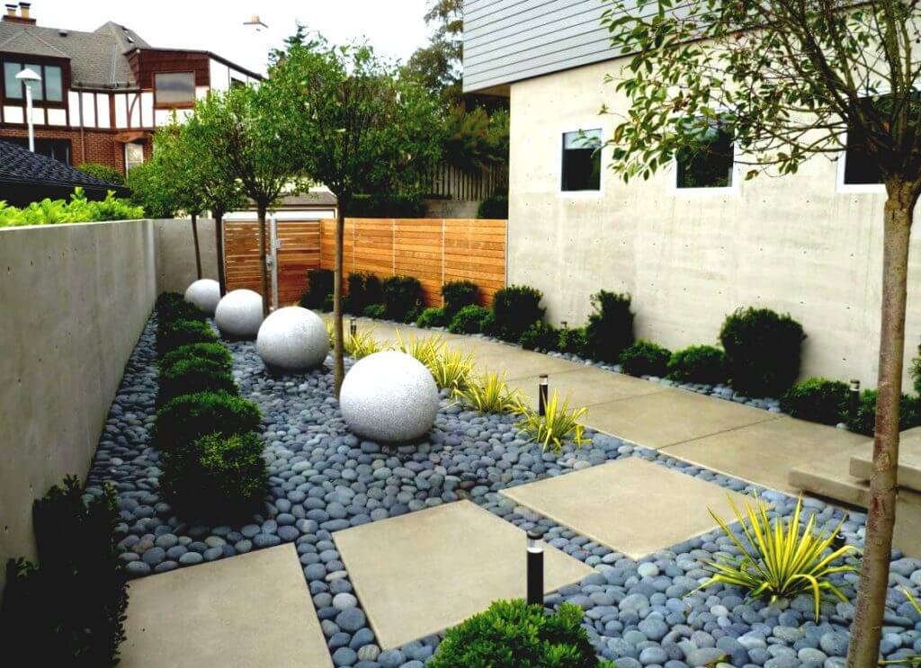 A contemporary garden with gravel and lush plants. Perfect for measuring your space.
