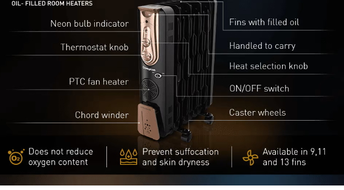 Oil room heater with 'heater' and 'heater' written on it, showcasing its features.