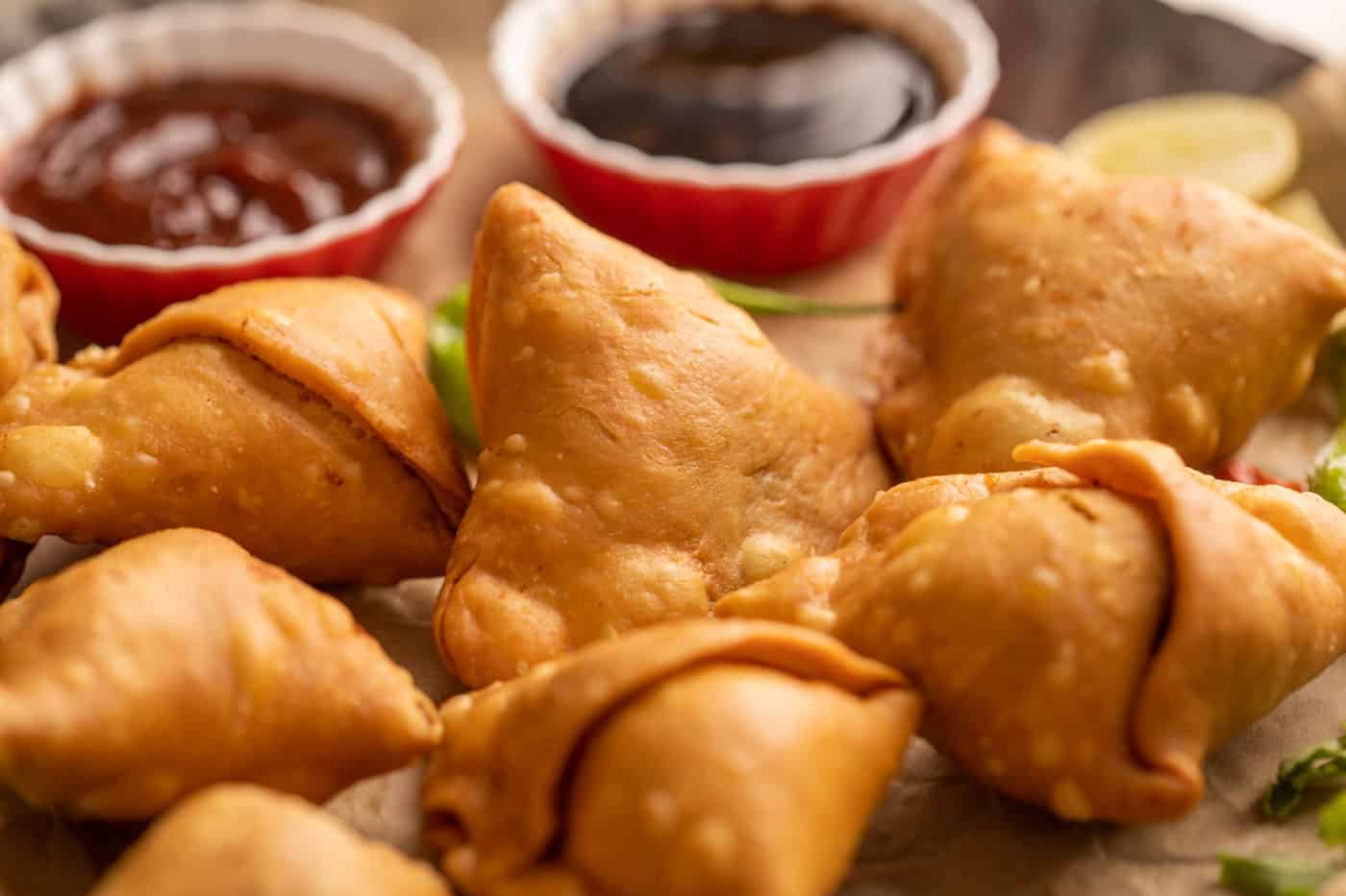 A plate with delicious fried samosas