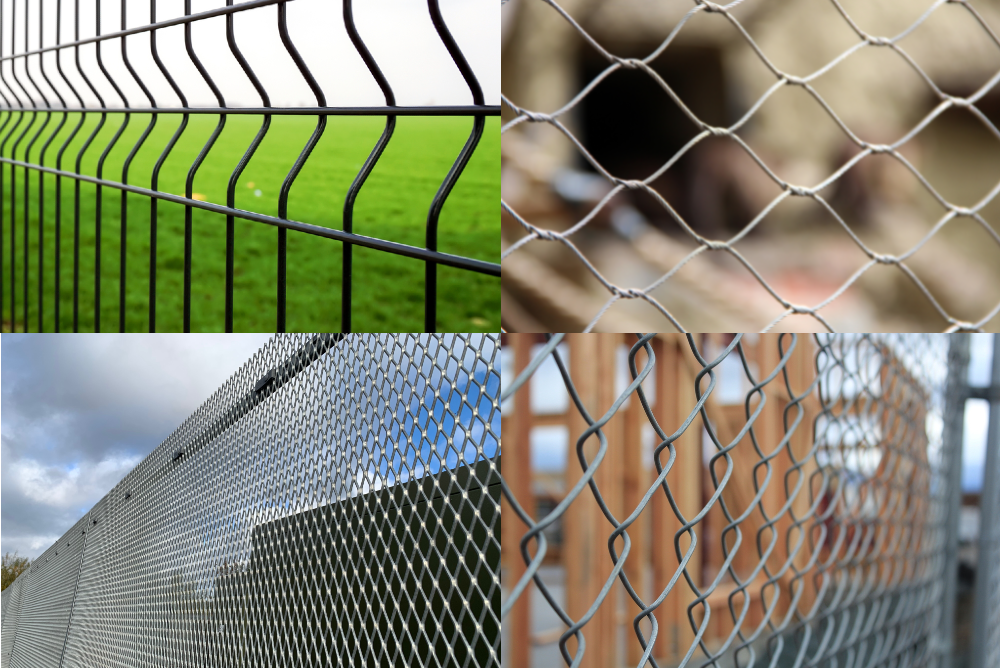 Four types of steel wire mesh fencing: chain link, welded wire, expanded metal, and hexagonal wire