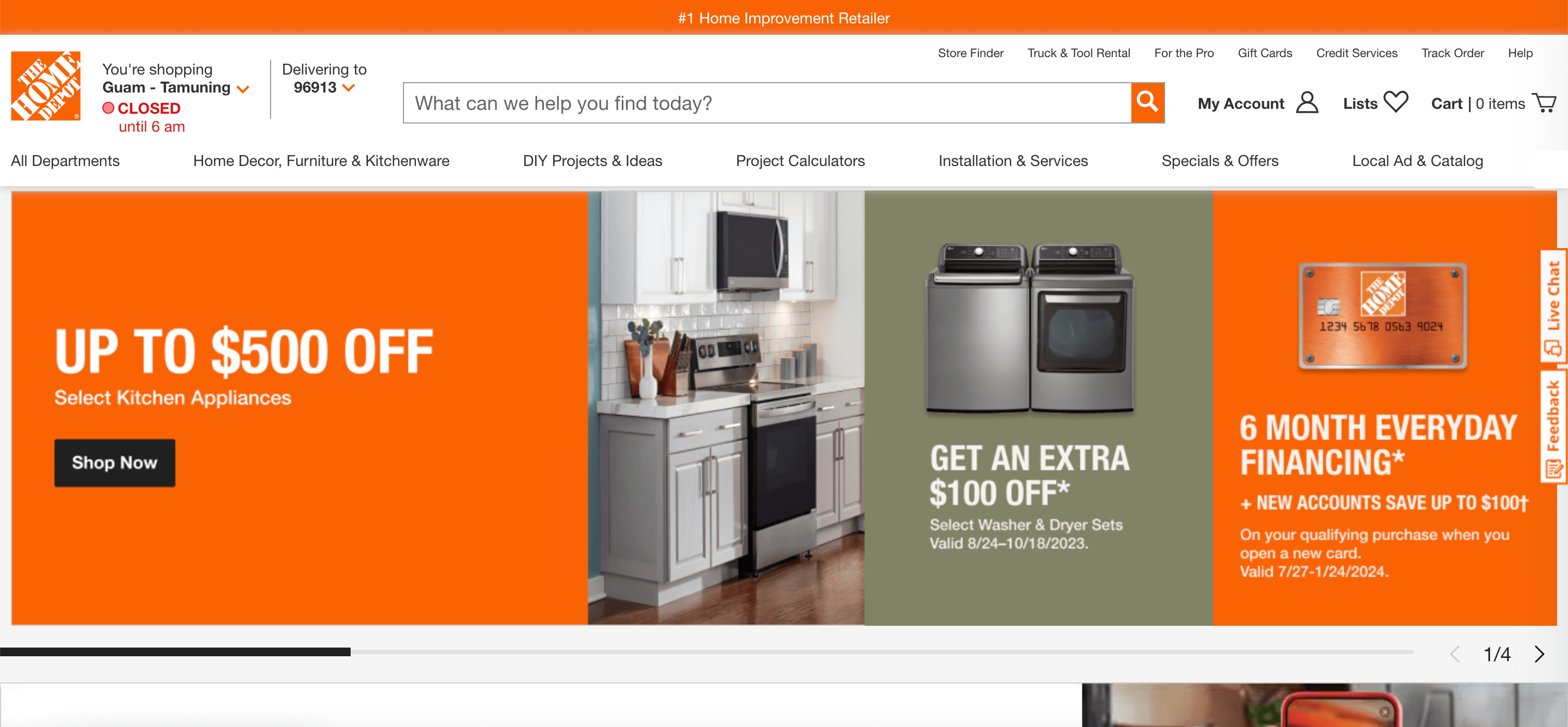 The Home Depot website displaying a prominent image of appliances