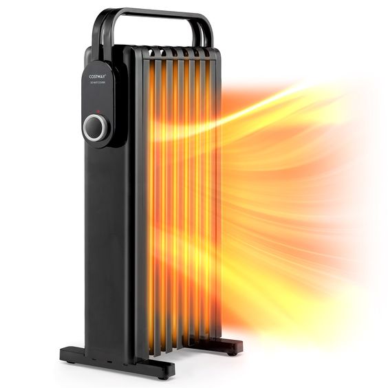  An electric heater emitting flames, providing warmth and comfort. A portable oil heater for convenient use