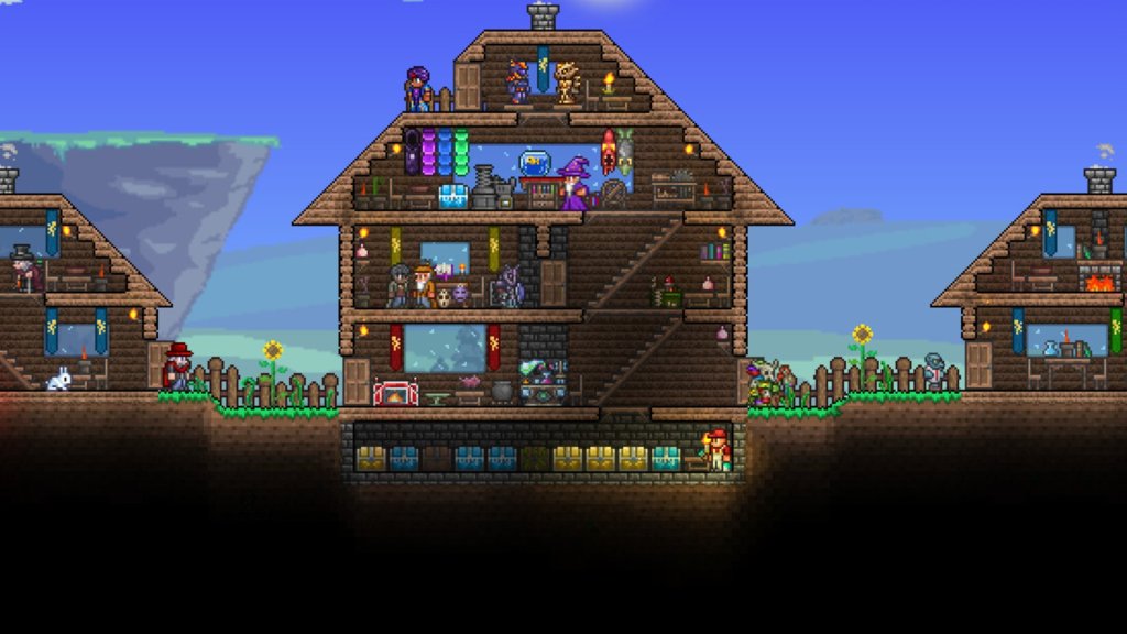 A bustling pixel house in Terraria, filled with numerous inhabitants, showcasing the vibrant community within