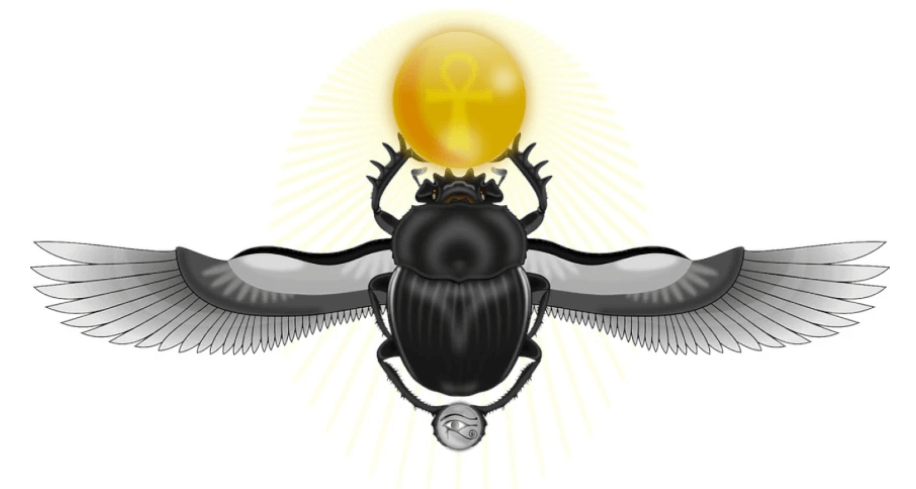 a black beetle with wings and a golden egg