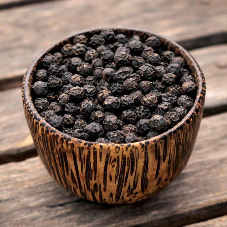 A wooden bowl filled with black pepper sits on a wooden table