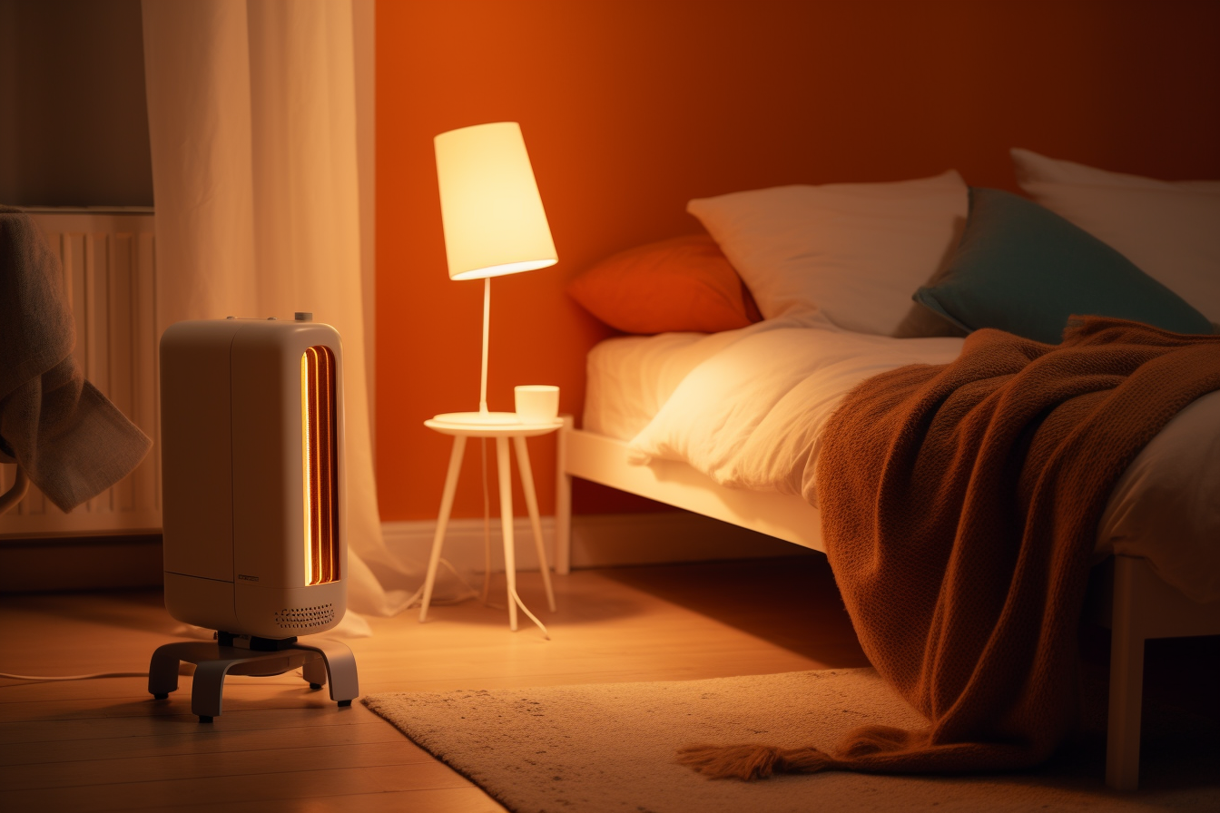 A white heater and a lamp placed on a bed.