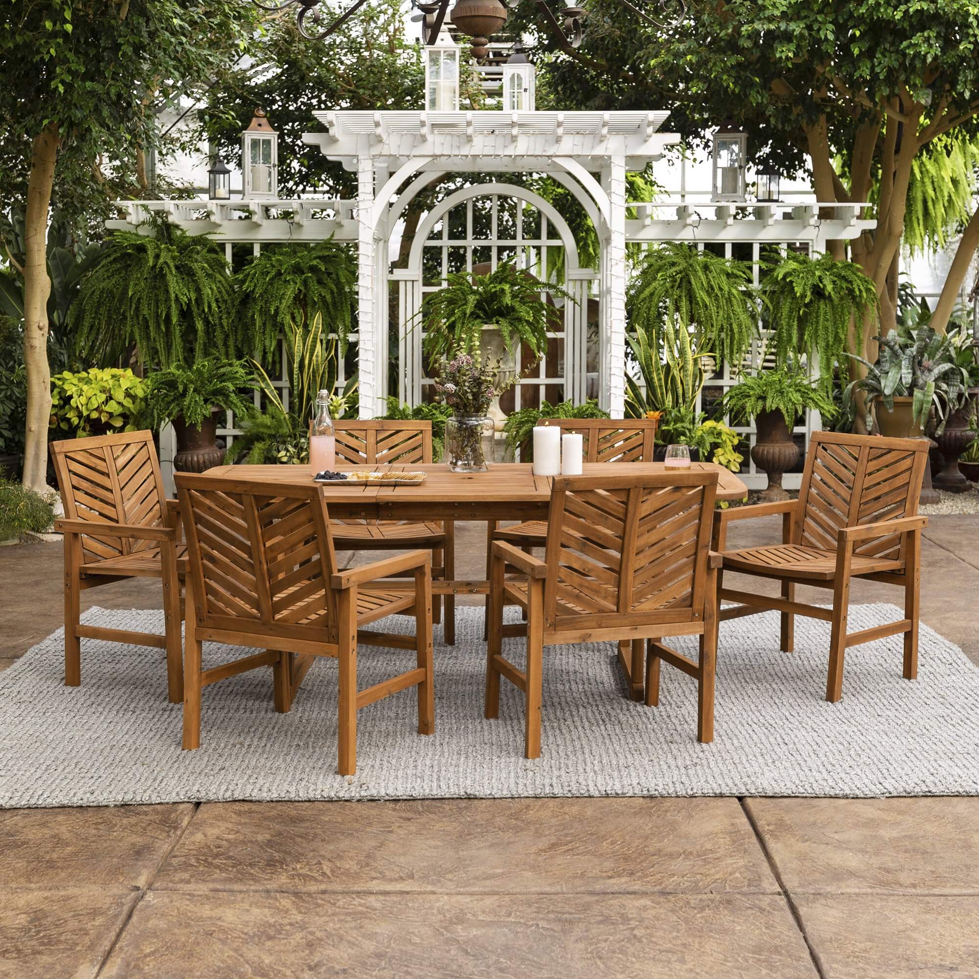 A wooden patio set with a table and chairs