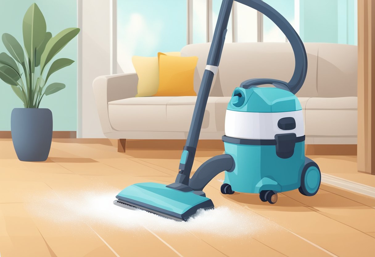 A vacuum cleaner is running over a carpet, while a duster is wiping down surfaces. A mop is seen cleaning the floor, and a spray bottle is being used on windows