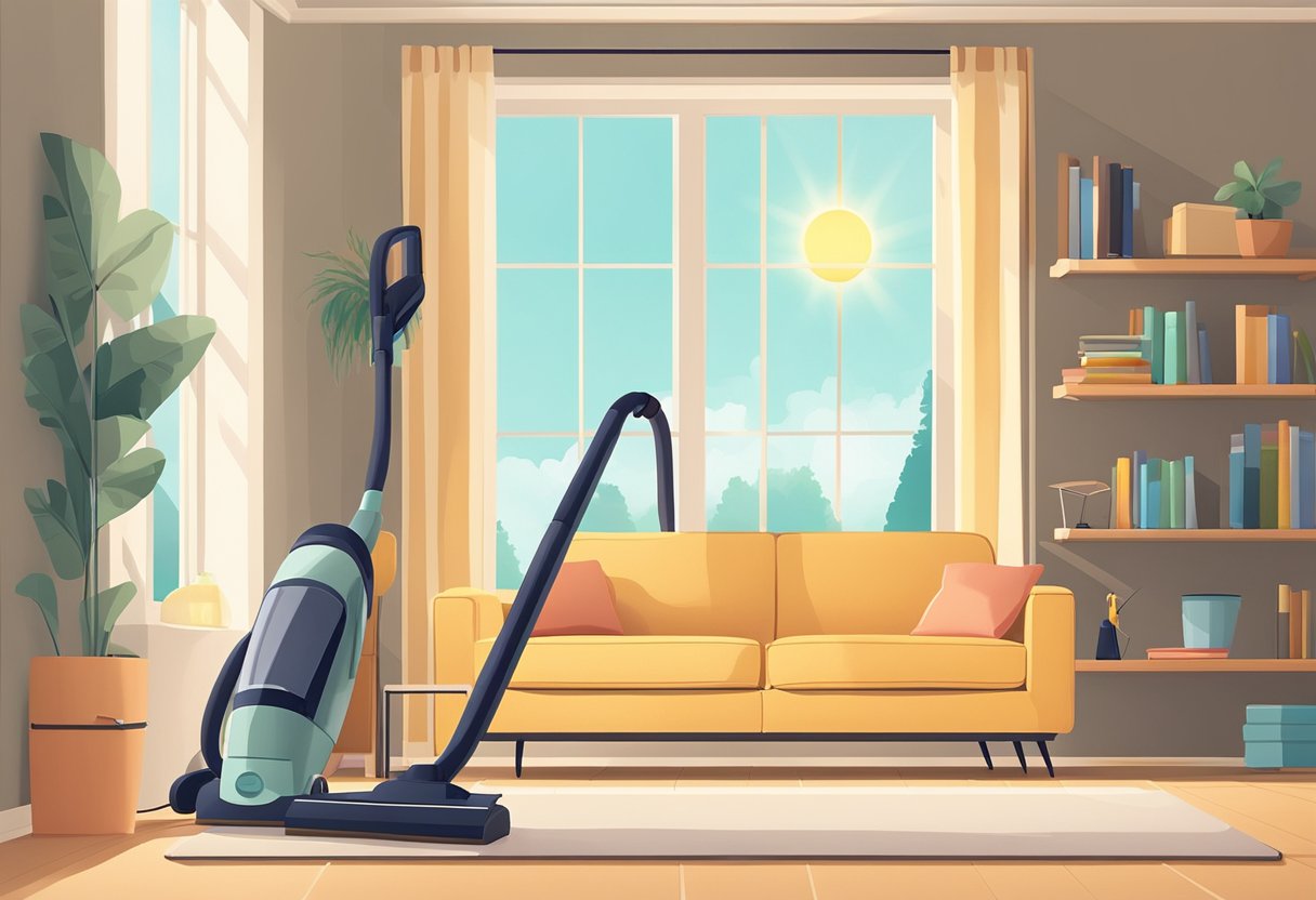 A vacuum cleaner sits in the corner of a tidy living room, with a bucket of cleaning supplies nearby. The sun shines through the window, casting a warm glow on the freshly dusted furniture