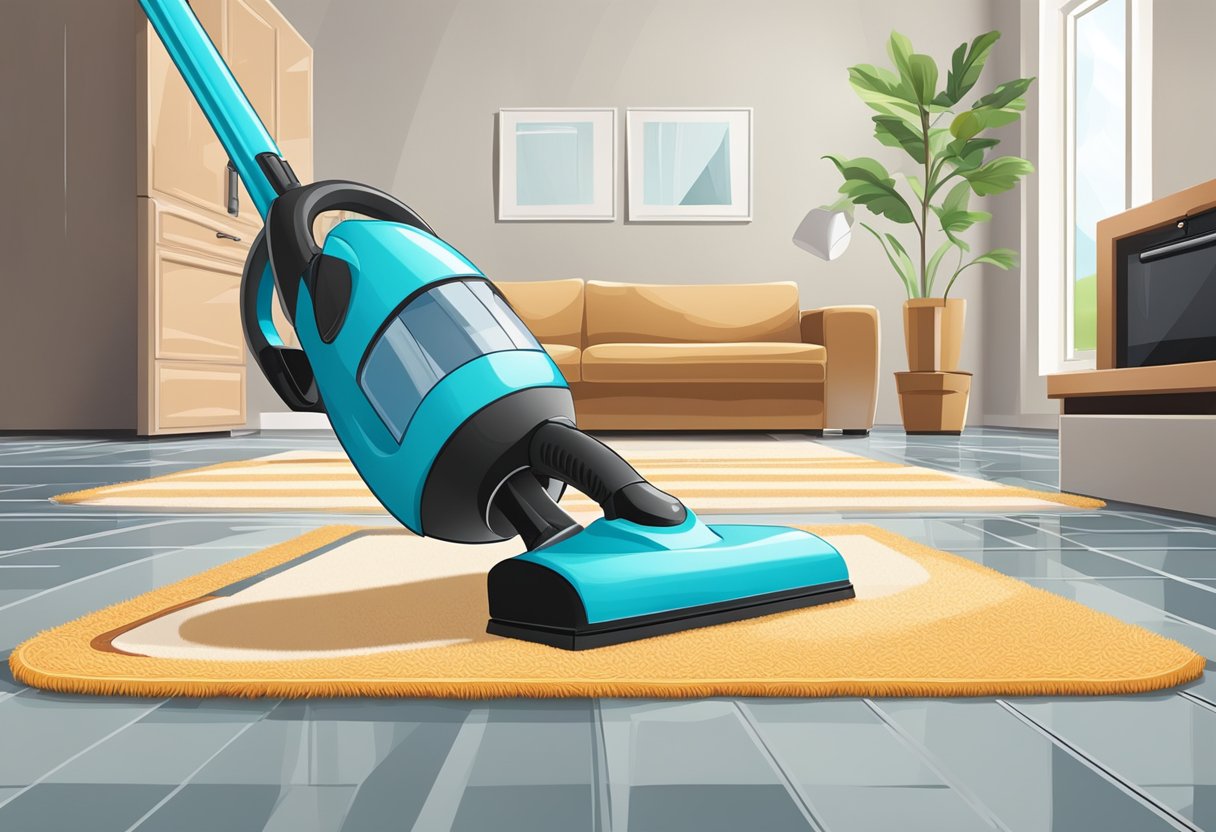 A vacuum cleaner with attachments, mop, bucket, spray bottle, and scrub brush on a tiled floor with a rug and furniture in the background